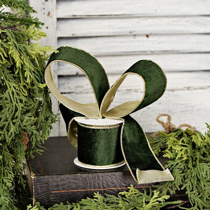 57R1266- Velvet Wired Ribbon-2.5inx10YD-Olive Green/Gold Wir