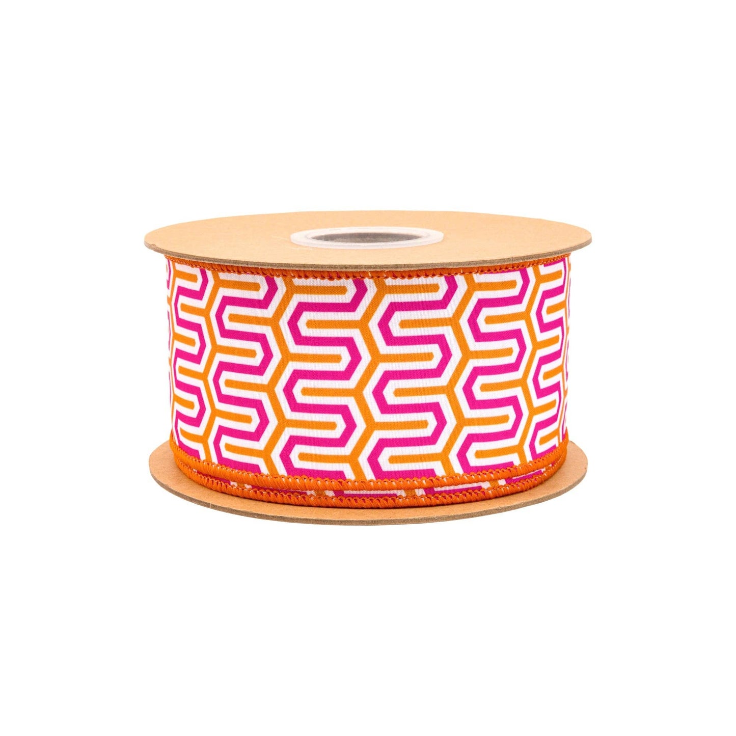 2 1/2" Wired Dupioni Ribbon| Pink/Orange/White Geometric w/ Orange Backing | 10 Yard Roll