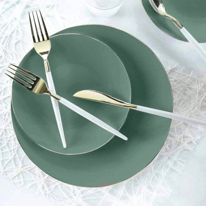 Round Sage Green and Gold Plastic Plates Set | 40 Pack