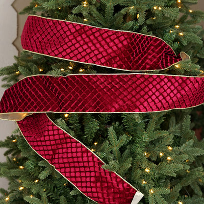 57R1300- Velvet Wired Ribbon-4inx10YD-Burgundy Diamond/Gold