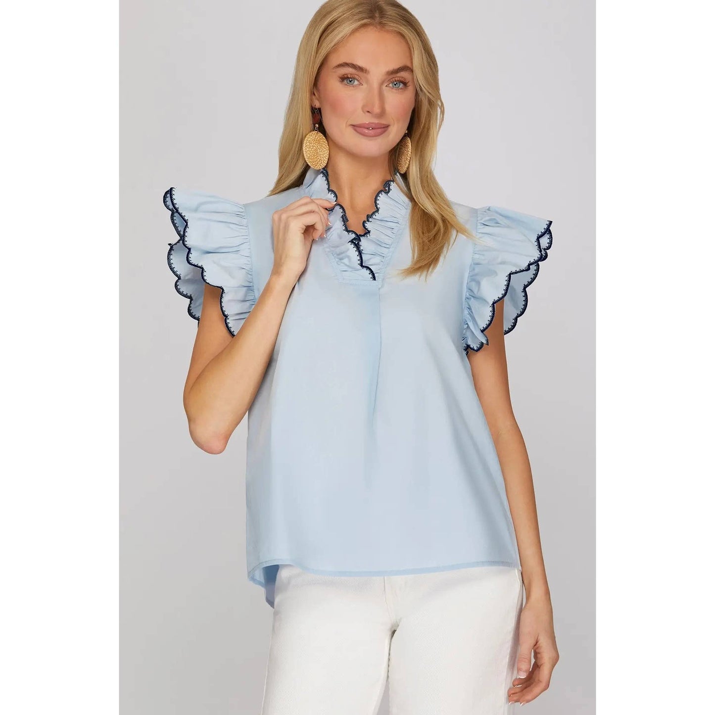 NEW EMBROIDERED RUFFLE SLEEVE TOP