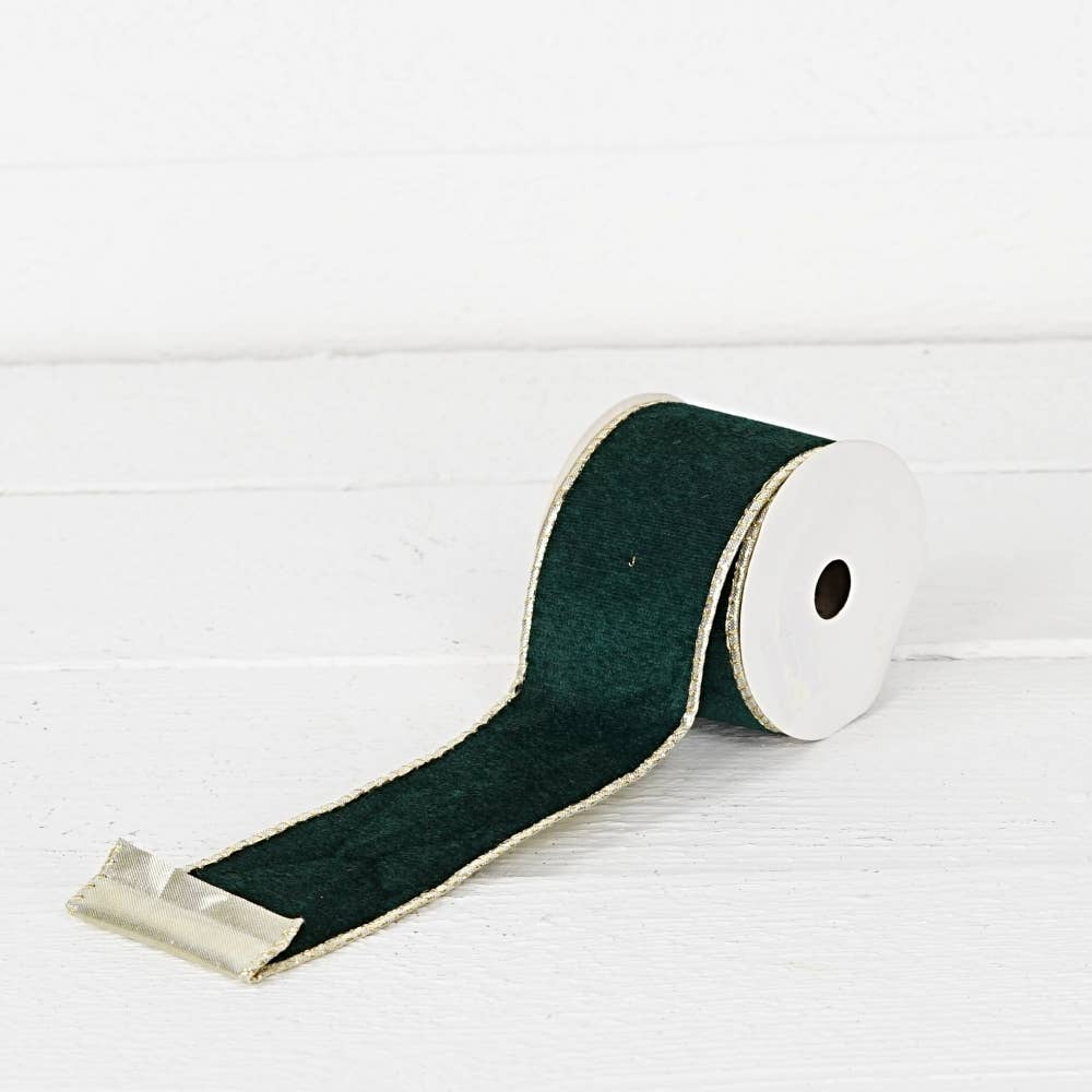 R32947-Wired Ribbon-Green velvet w. Gold Back, edges(2.5inW)
