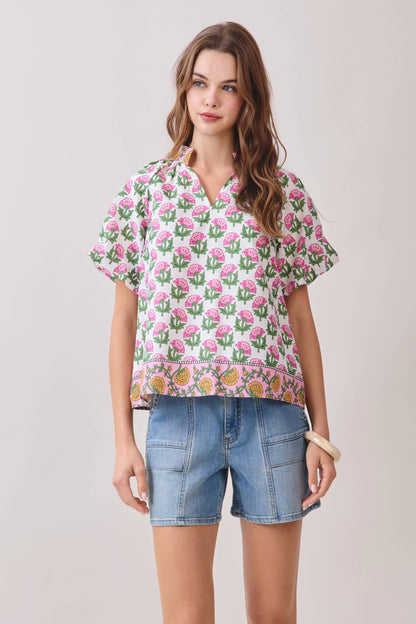 CT9806-Floral Print Bubble Sleeves Split Neckline top