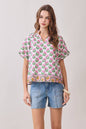 CT9806-Floral Print Bubble Sleeves Split Neckline top