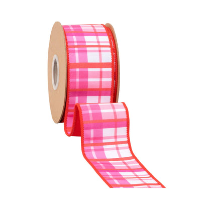 2 1/2" Wired Dupioni Ribbon | Red and Pink Plaid w/ Red Backing | 10 Yard Roll