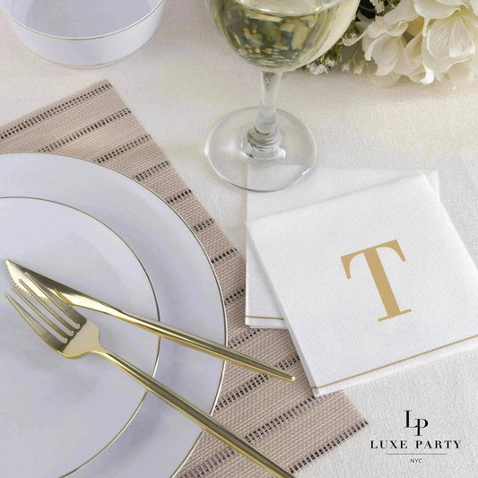 T Gold Monogram Cocktail Paper Napkins | 16 Napkins