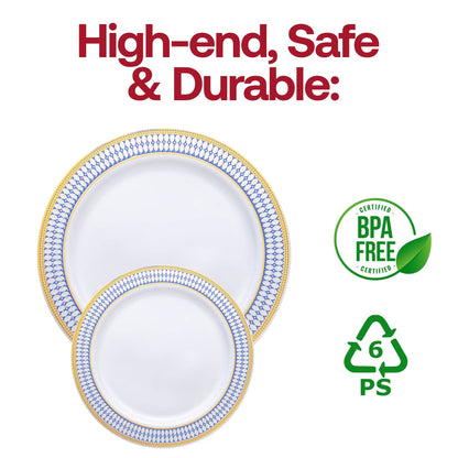 White Blue Gold Chord Rim Dinnerware Value Set - 20 Sets