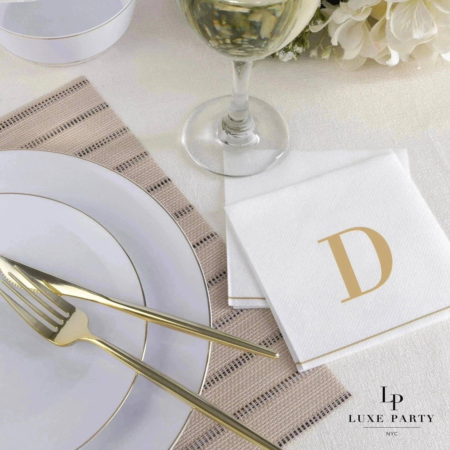D Gold Monogram Cocktail Paper Napkins | 16 Napkins