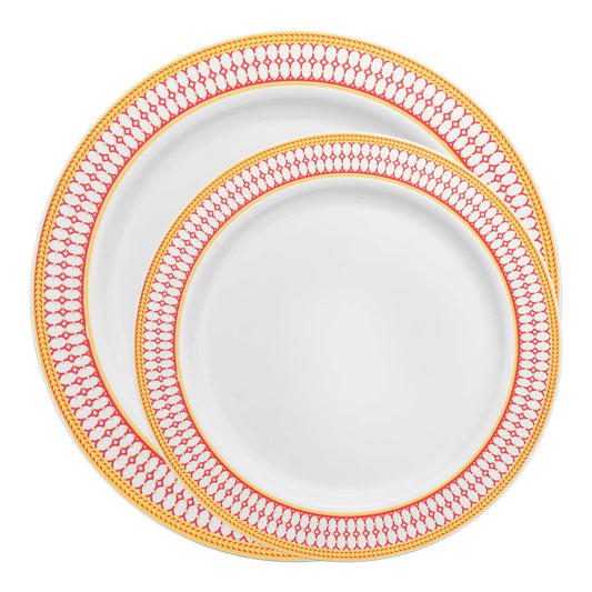 White w/ Red and Gold Rim Plastic Dinnerware Value - 20 Sets