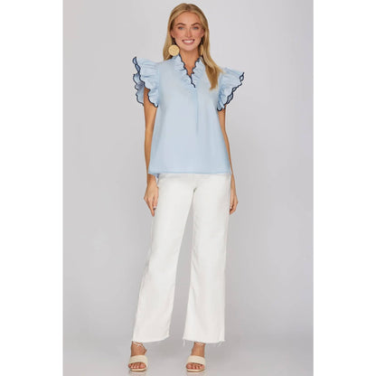 NEW EMBROIDERED RUFFLE SLEEVE TOP