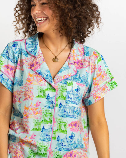 Maya Short Sleeve Button Up Sleep Shirt   Aqua/Multi