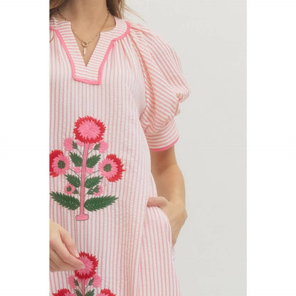 Floral embroidery Stripe midi dress