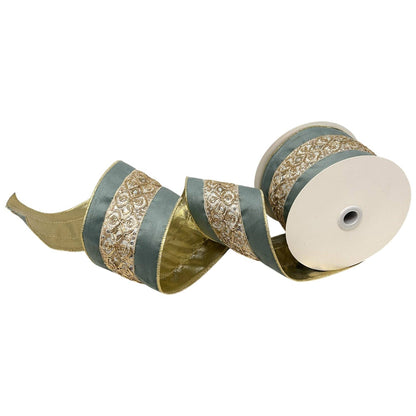 Embossed Gold Trim om Soft Aqua Ribbon 4" x 10yd