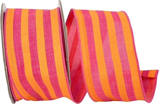 Reliant Ribbon Broad Striped Linen Value Wired Edge, Orange/Fuchsia 2-1/2"x10yd