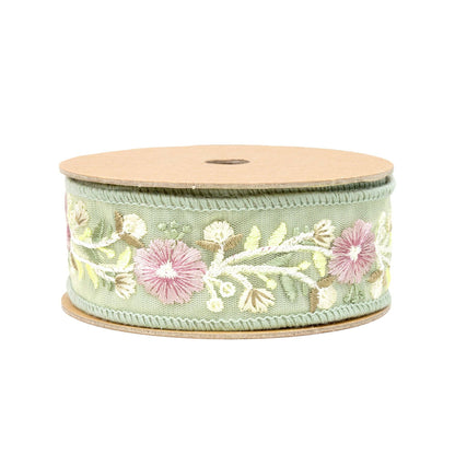 1 1/2" Wired Dupioni Ribbon | Green Flower Trim | 5 Yard Roll