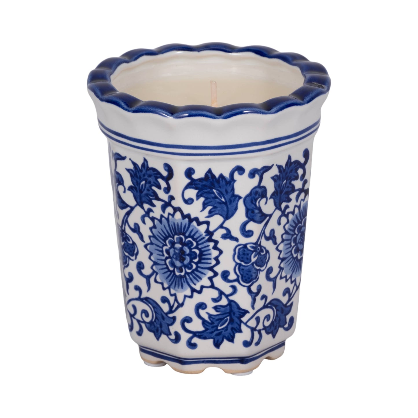 Candle - Blue/White Ceramic Fluted  Chinoiserie, 7 Oz