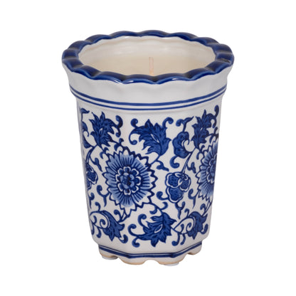 Candle - Blue/White Ceramic Fluted  Chinoiserie, 7 Oz
