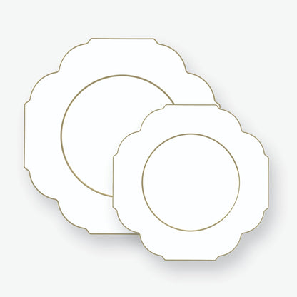 Scalloped Plastic Plates • White • Gold trim | 10 Pack
