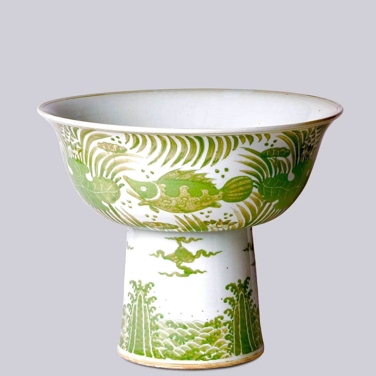 Green and White Porcelain Fish and Lotus Large Footed Bowl