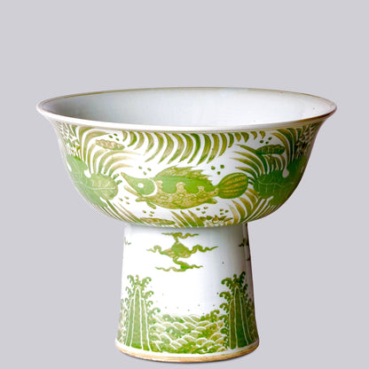 Green and White Porcelain Fish and Lotus Large Footed Bowl