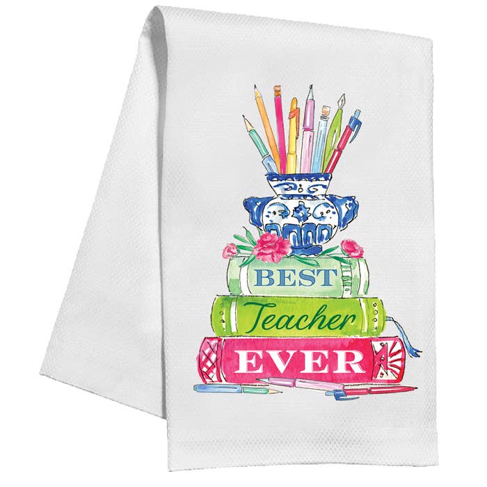 Best Teacher Ever Book Stack With Pencil Cup Kitchen Towel