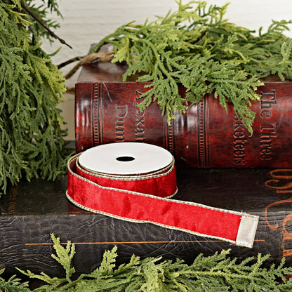 57R1220- Wired Velvet Ribbon-1inx10YD-Red/Gold Wire/Metalic