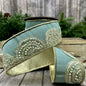 2.5" x 5yds Dupioni Scallop Iridescent Pearl Trim, Gold Metallic Dupioni, Aqua