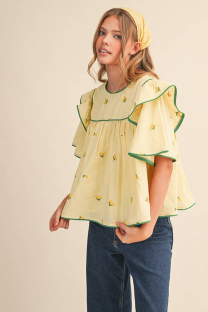LEMON EMBROIDERY CONTRAST PIPING TOP