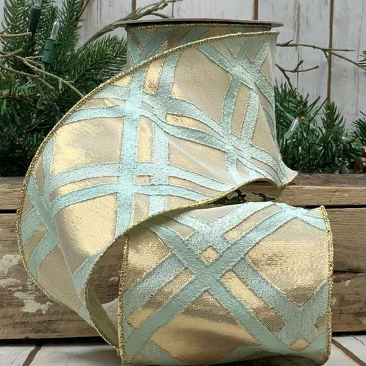4" x 10yds Jacquard Metallic Lattice, Celadon