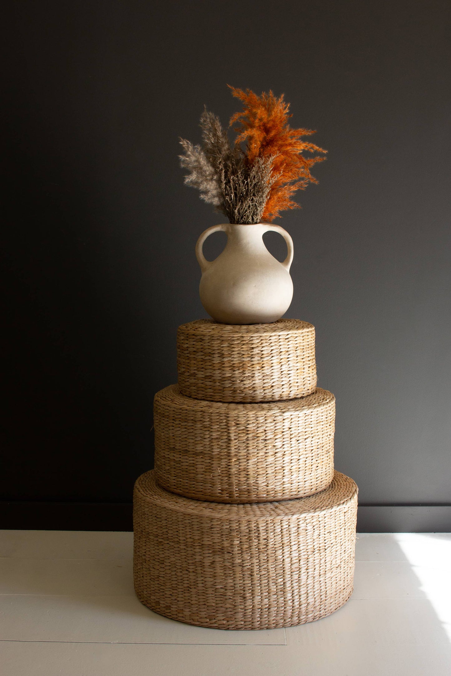 SET OF THREE ROUND NATURAL SEAGRASS RISERS