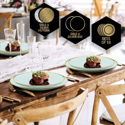 Mint Green and Gold Round Plastic Plates | 10 Pack