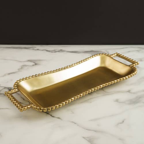 GOLD BEADED HANDLE ROUNDED RECTANGLE TRAY