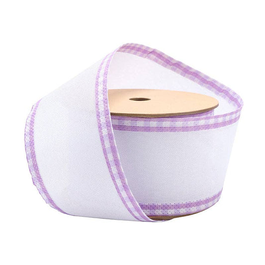 2 1/2" Wired Ribbon | White w/ Purple Gingham Edging | 10 Yard Roll