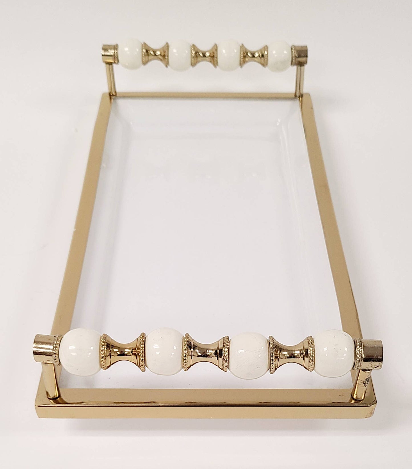 White Rectangular Tray with White and Gold beaded Handles