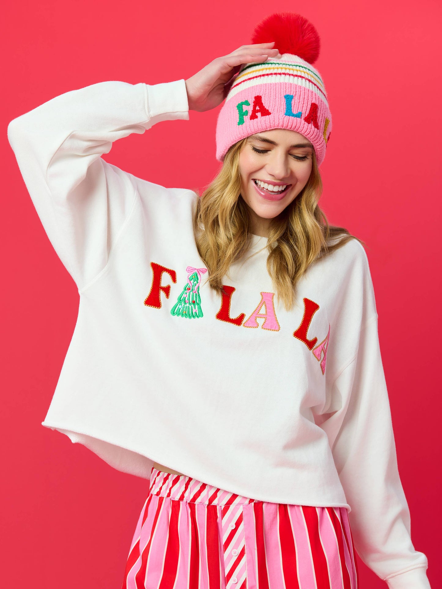 "FA LA LA" STRIPED BEANIE, PINK