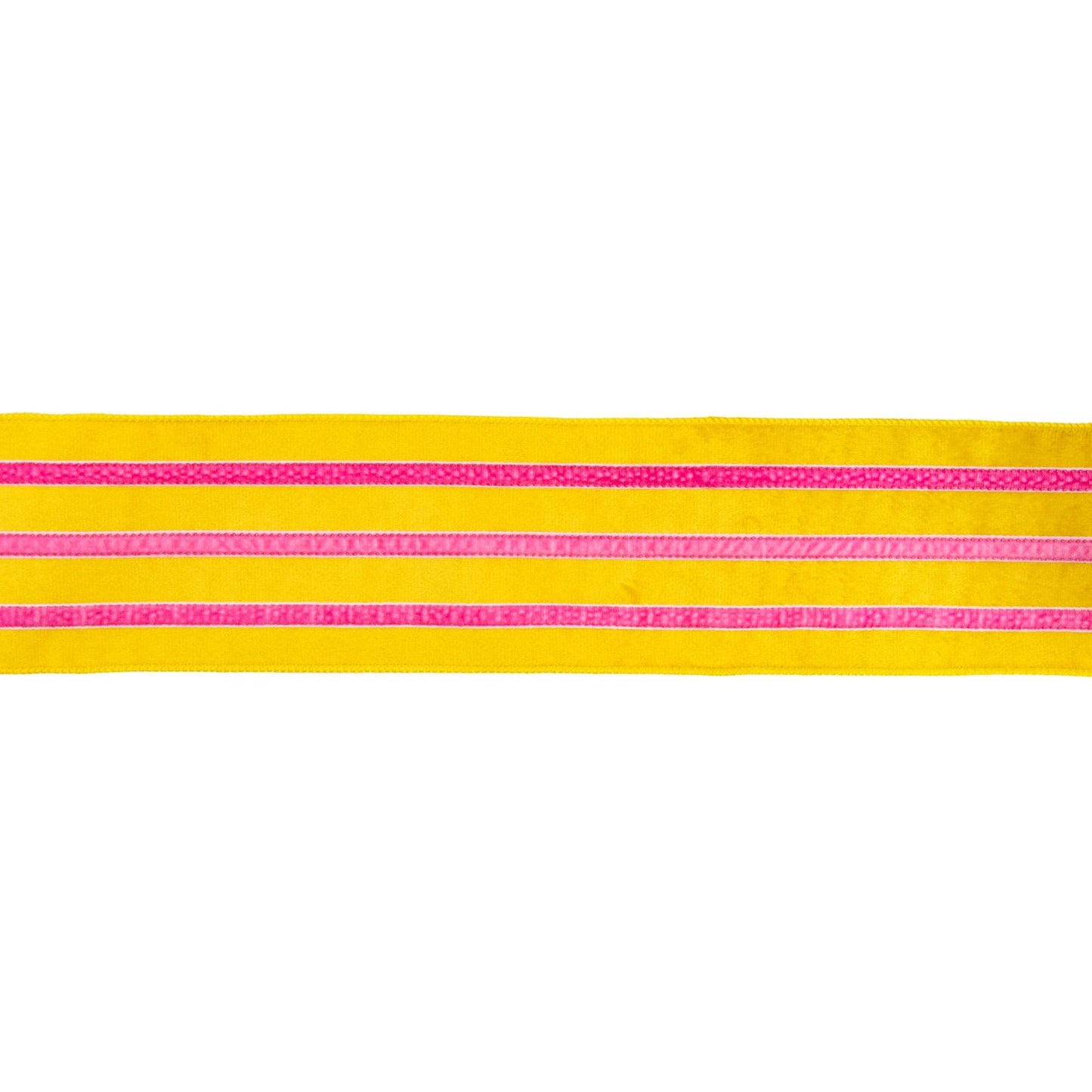 4" Wired Velvet Ribbon w/ Trim | Yellow w/ Pink Trim | 10 Yard Roll
