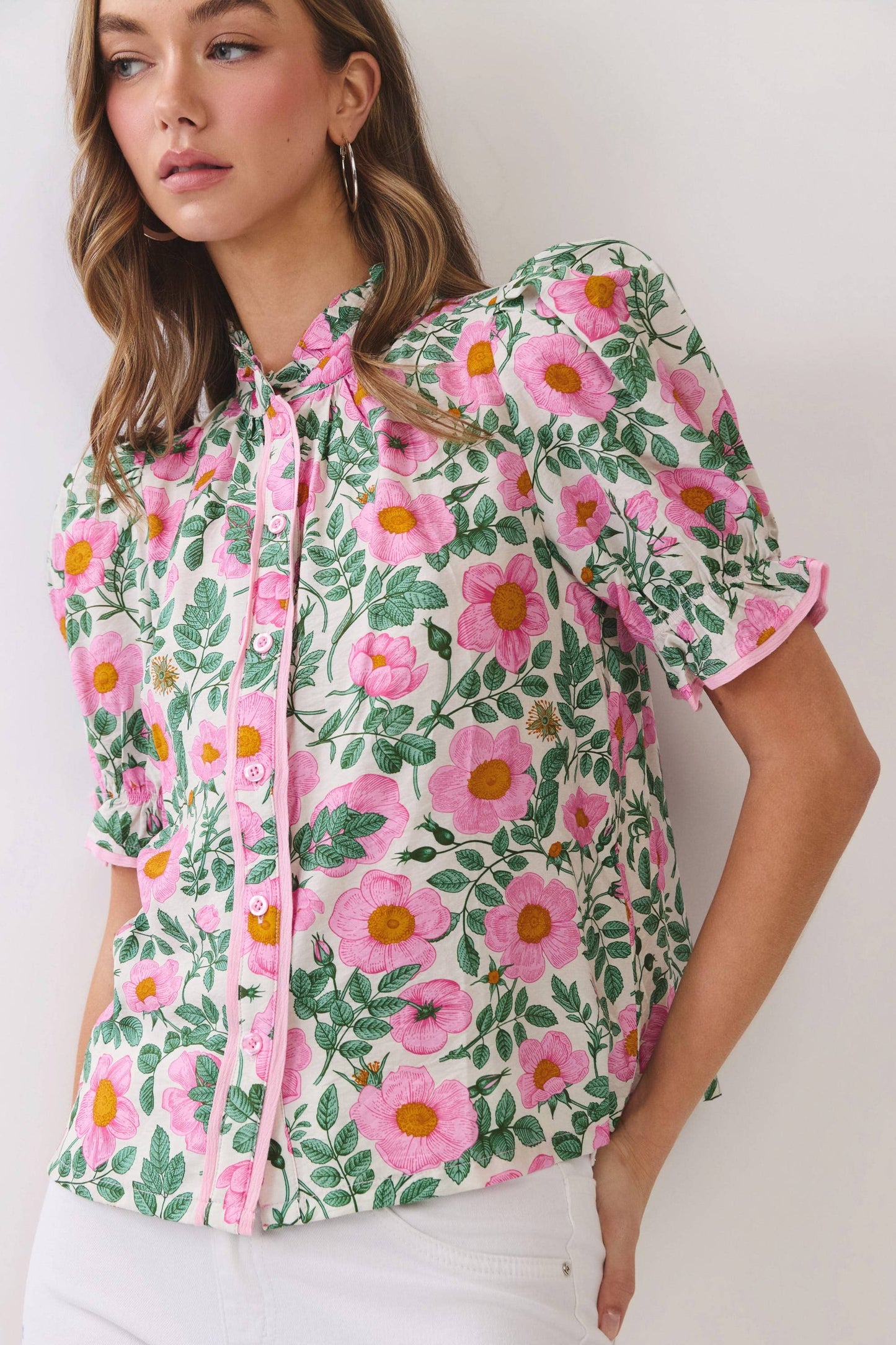 CT10022-Floral Print Button Down Puff Sleeve Blouse