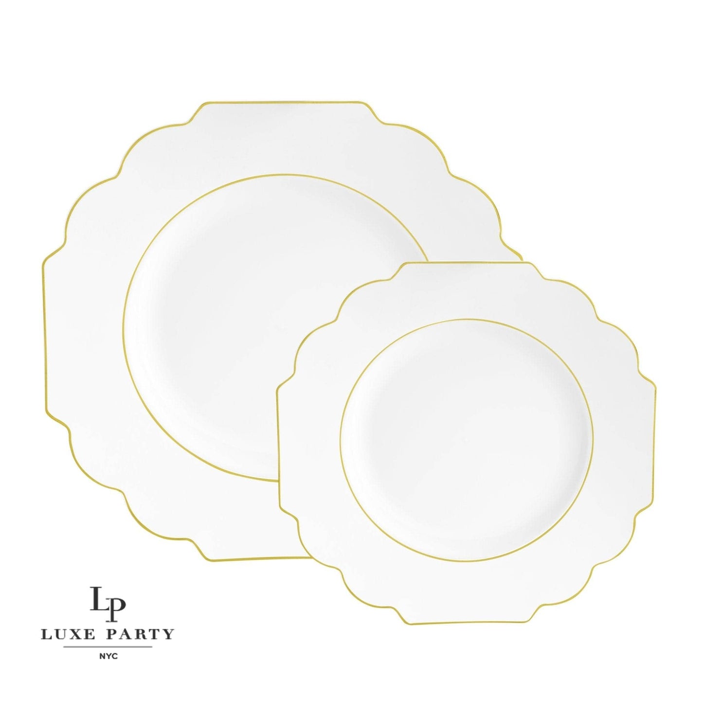 Scalloped Plastic Plates • White • Gold trim | 10 Pack