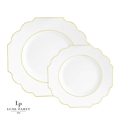 Scalloped Plastic Plates • White • Gold trim | 10 Pack