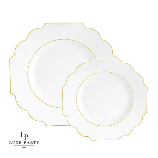Scalloped Plastic Plates • White w/Gold trim | 10 Pack