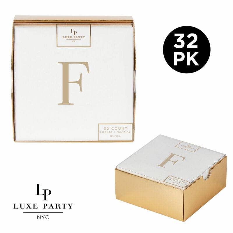 Letter F Gold Foil Monogram Paper Cocktail Napkins with Gift Box | 32 Napkins