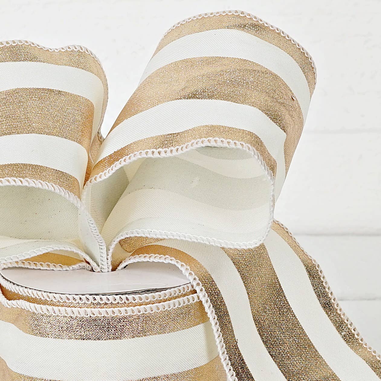 R32957-Wired Ribbon-Fabric-Gold and Cream Strips (4inW)