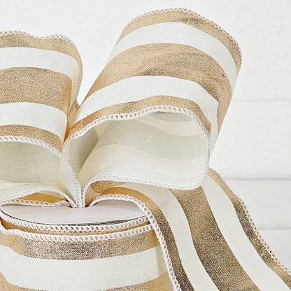 R32957-Wired Ribbon-Fabric-Gold and Cream Strips (4inW)