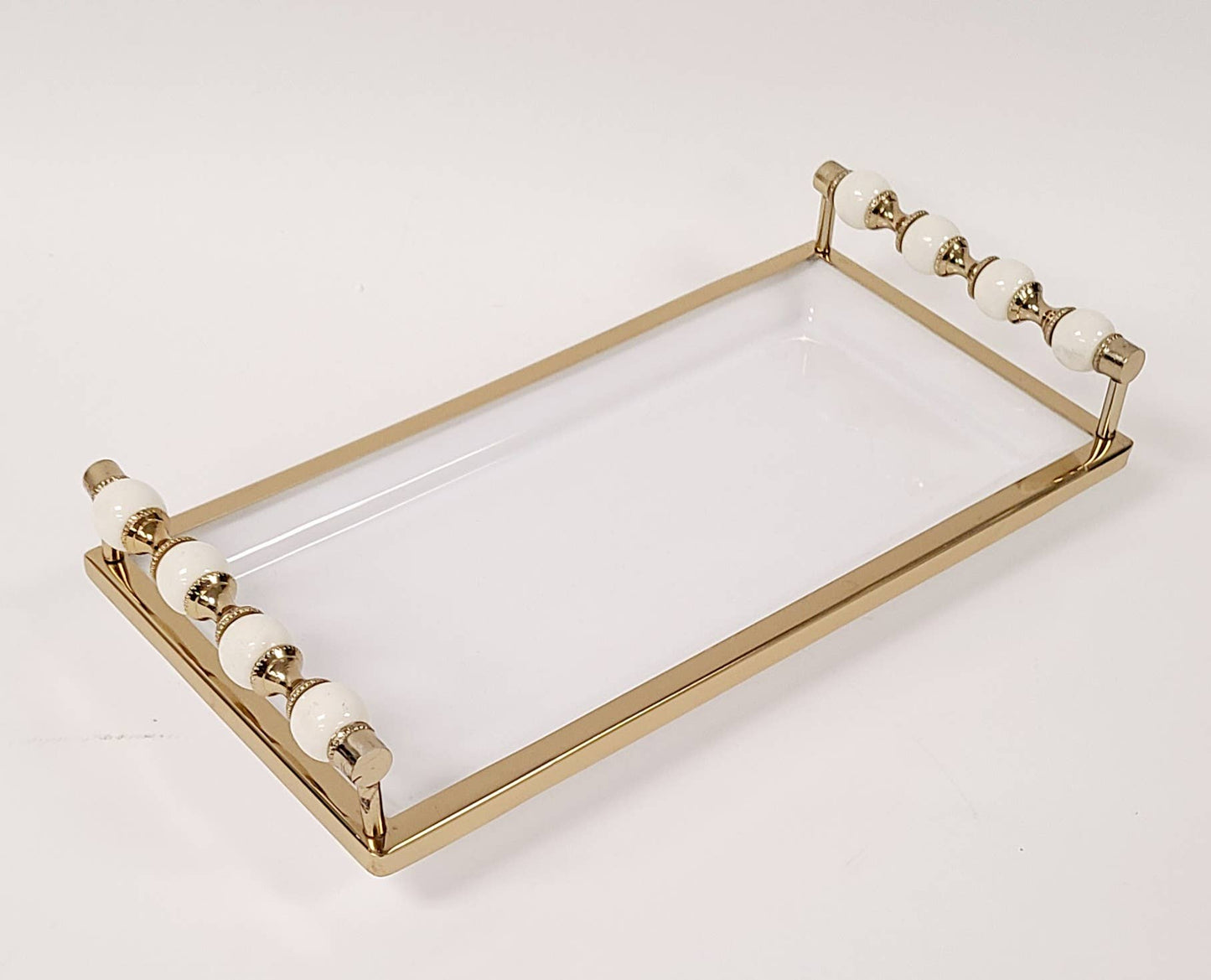 White Rectangular Tray with White and Gold beaded Handles