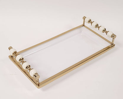 White Rectangular Tray with White and Gold beaded Handles