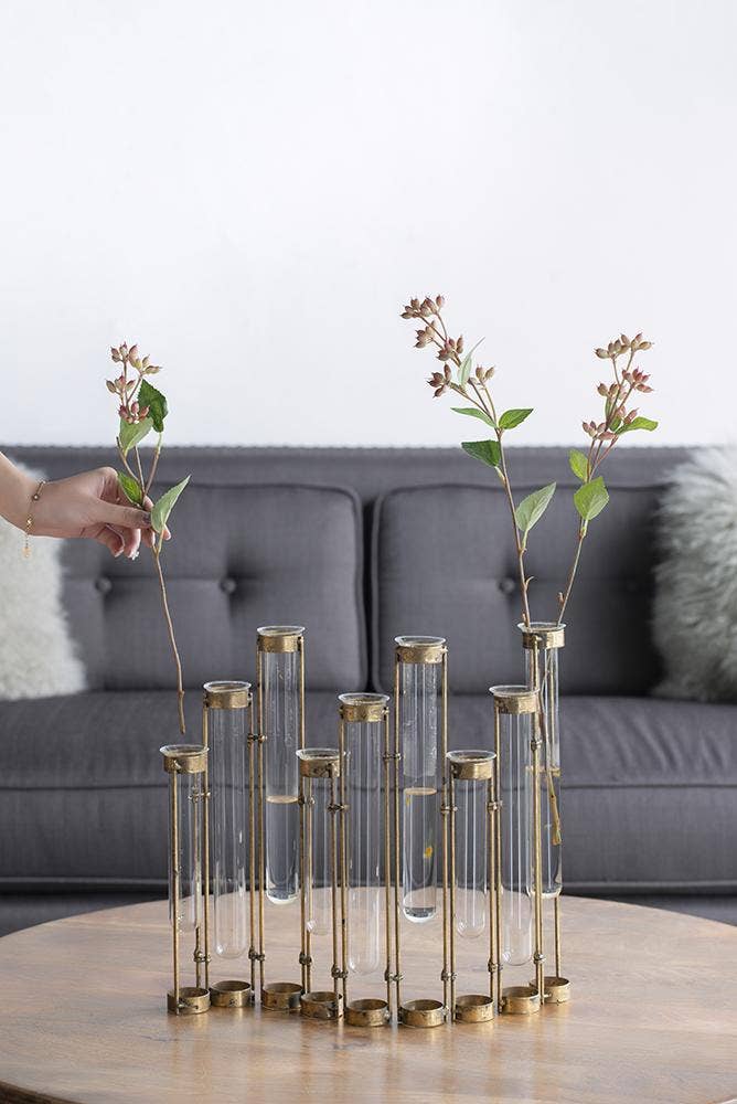 17.5x2x14" Glass Vial Flower Vase with Bronze Iron Frame