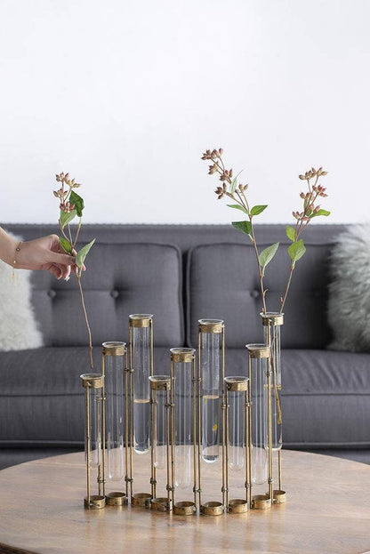 17.5x2x14" Glass Vial Flower Vase with Bronze Iron Frame