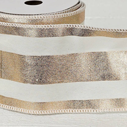 R32957-Wired Ribbon-Fabric-Gold and Cream Strips (4inW)