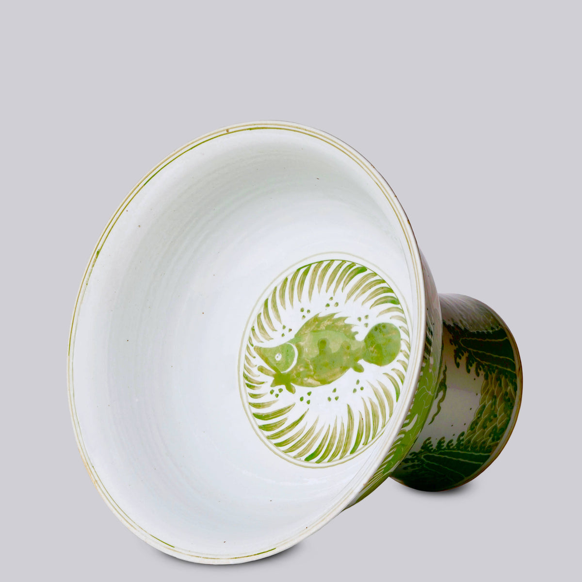 Green and White Porcelain Fish and Lotus Large Footed Bowl