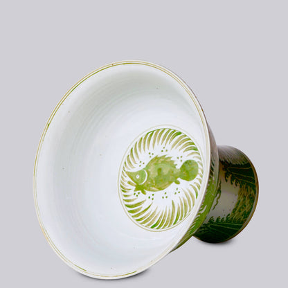 Green and White Porcelain Fish and Lotus Large Footed Bowl